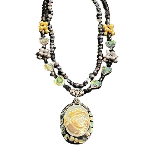 Vintage Peacock Pearl MOP Abalone Multi Strand Victorian Lady Cameo Necklace - Picture 3 of 8